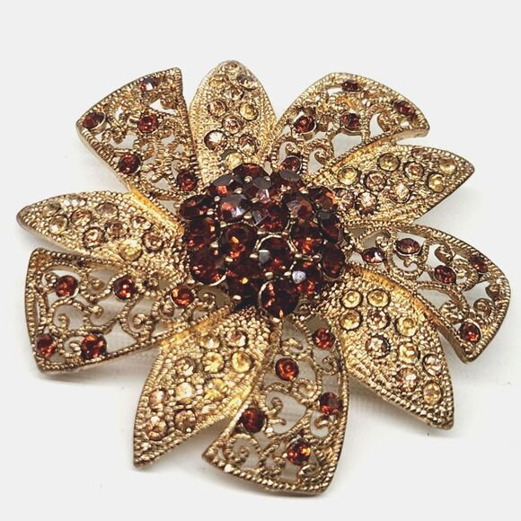 Vintage Filigree Brooch 2" Amber & Champagne Rhinestone Floral Open Scrollwork - Picture 9 of 9